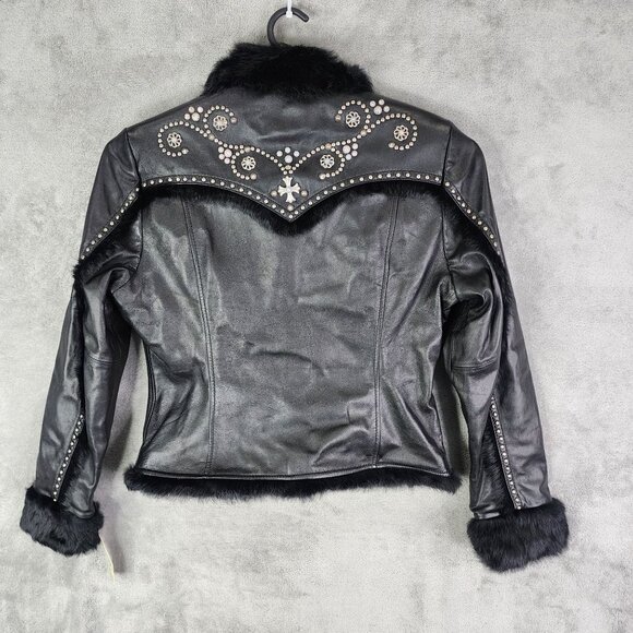 Womens Black Cripple Creek Studded Leather Jacket w/ Faux Fur Full Zip Size L - Picture 10 of 13